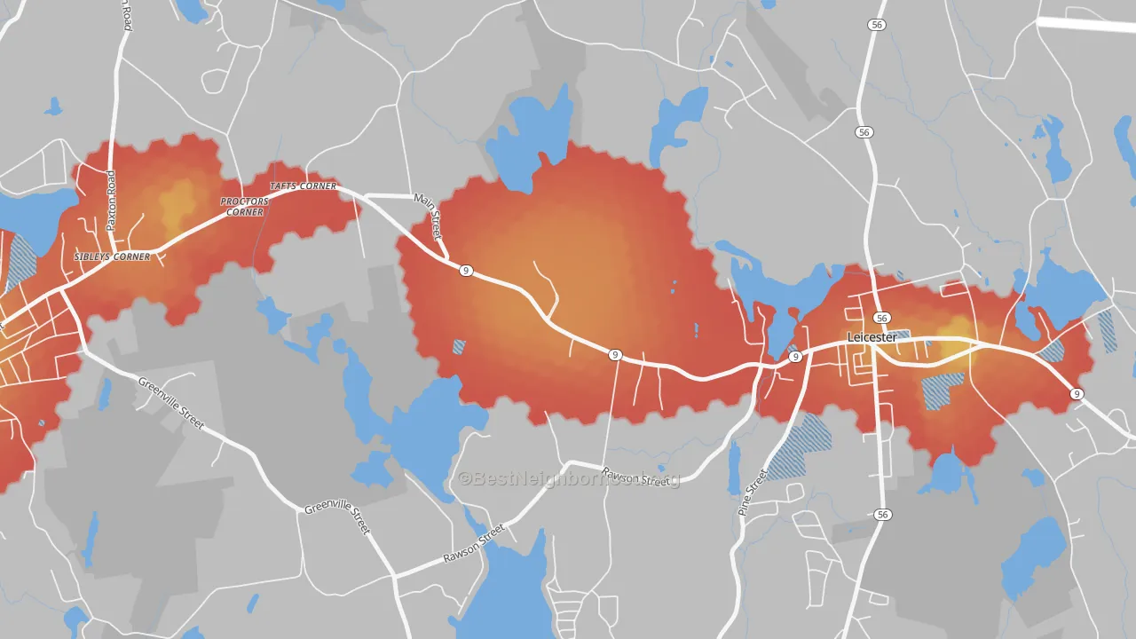 Walk Grade map of Tafts Corner, MA, walkable areas in green and car-dependent areas in red