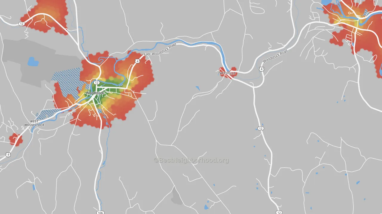 Walk Grade map of Taftsville, VT, walkable areas in green and car-dependent areas in red