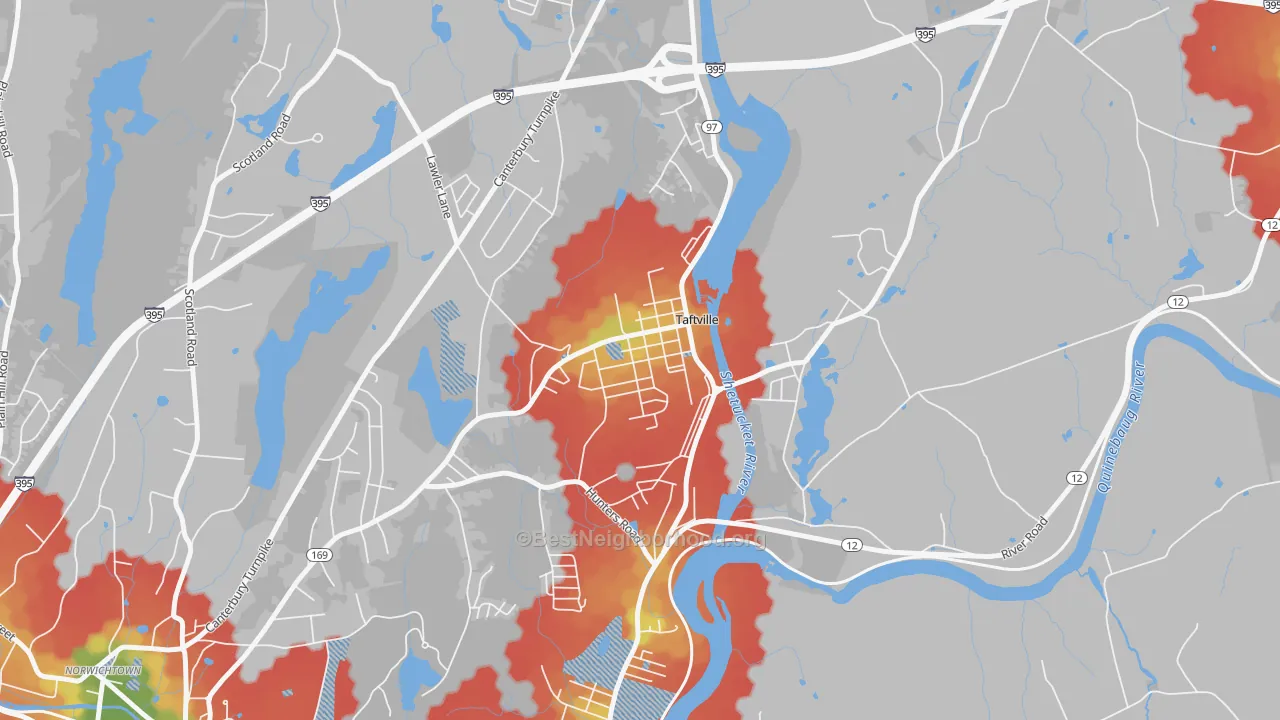 Walk Grade map of Taftville, CT, walkable areas in green and car-dependent areas in red