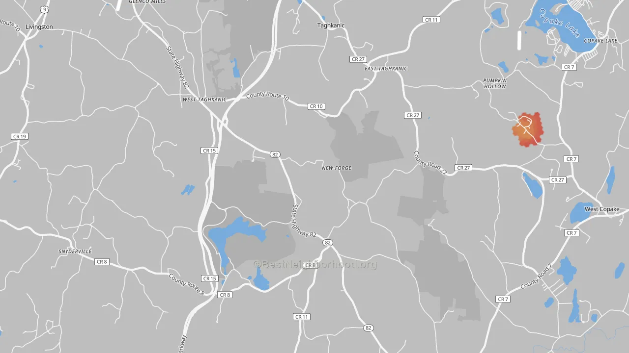 Walk Grade map of Taghkanic, NY, walkable areas in green and car-dependent areas in red