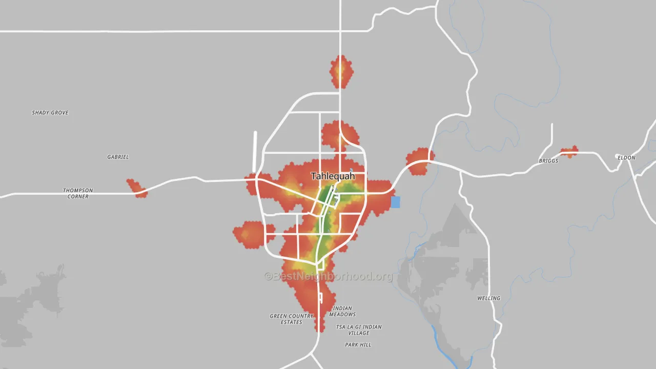 Walk Grade map of Tahlequah, OK, walkable areas in green and car-dependent areas in red