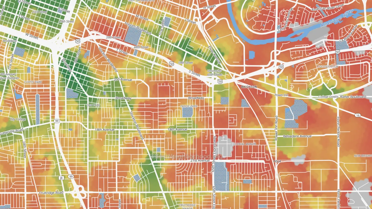 Walk Grade map of Tahoe Park, Sacramento, CA, walkable areas in green and car-dependent areas in red