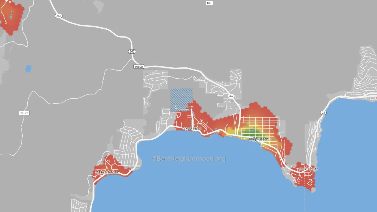 Walk Grade map of Tahoe Vista, CA, walkable areas in green and car-dependent areas in red