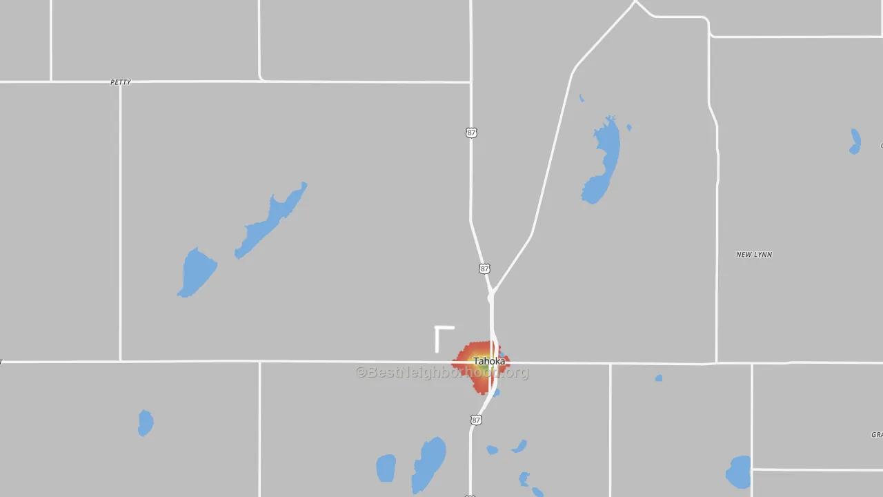 Walk Grade map of Tahoka, TX, walkable areas in green and car-dependent areas in red