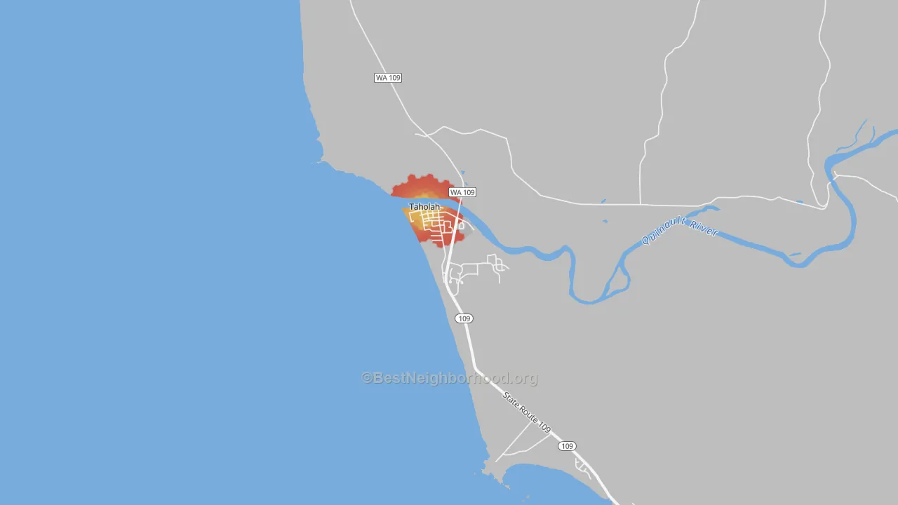 Walk Grade map of Taholah, WA, walkable areas in green and car-dependent areas in red