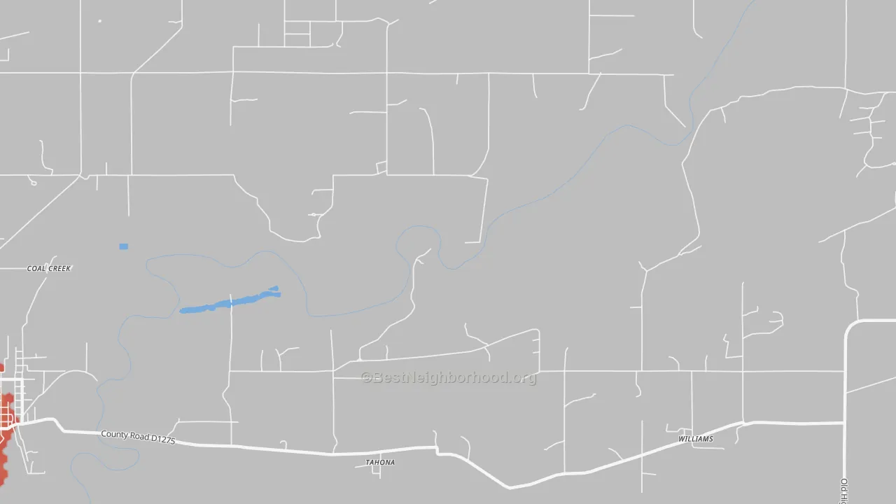 Walk Grade map of Tahona, OK, walkable areas in green and car-dependent areas in red