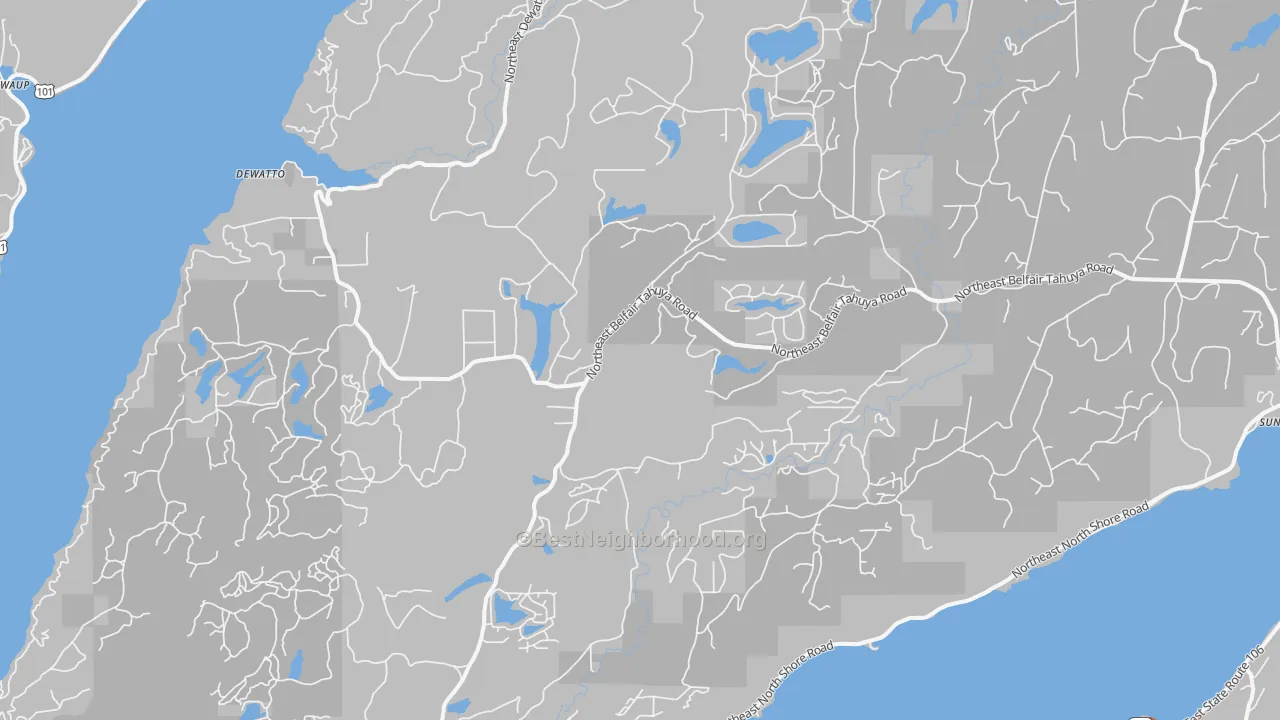 Walk Grade map of Tahuya, WA, walkable areas in green and car-dependent areas in red