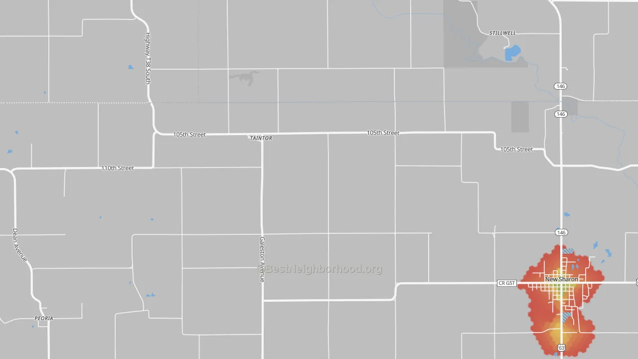 Walk Grade map of Taintor, IA, walkable areas in green and car-dependent areas in red