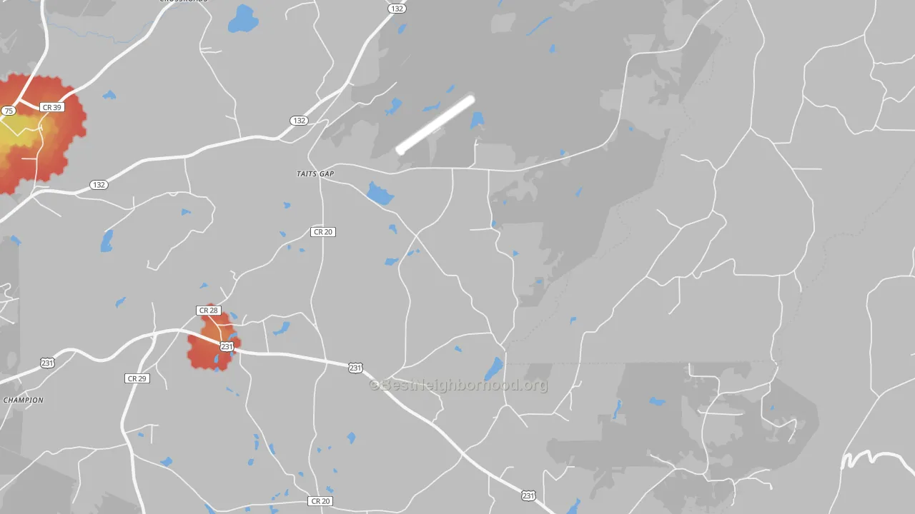 Walk Grade map of Taits Gap, AL, walkable areas in green and car-dependent areas in red