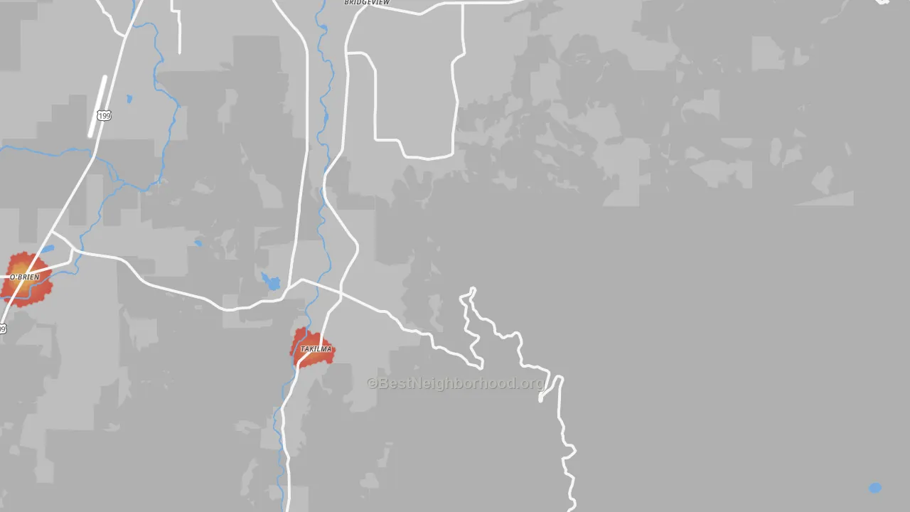 Walk Grade map of Takilma, OR, walkable areas in green and car-dependent areas in red