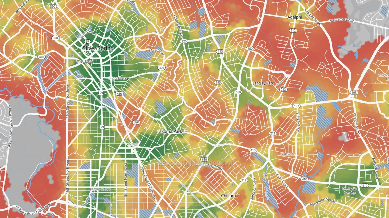Walk Grade map of Takoma Park, MD, walkable areas in green and car-dependent areas in red