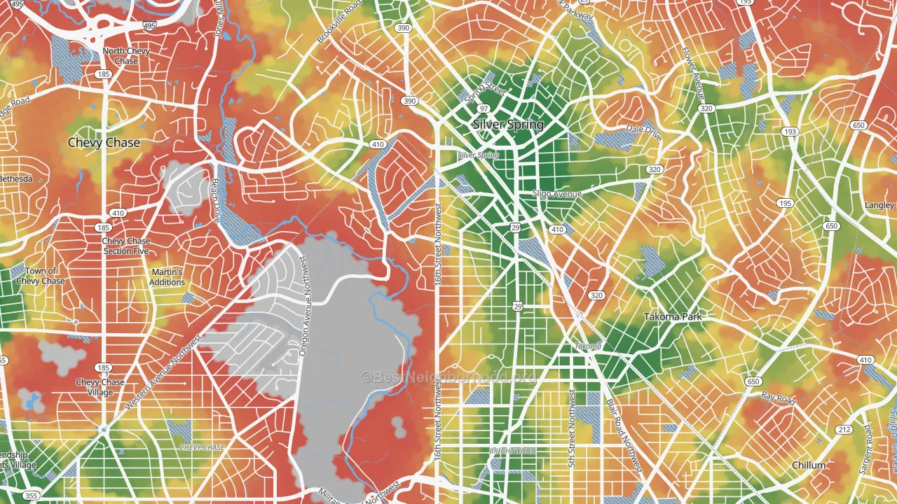 Walk Grade map of Takoma Park, Washington, DC, walkable areas in green and car-dependent areas in red