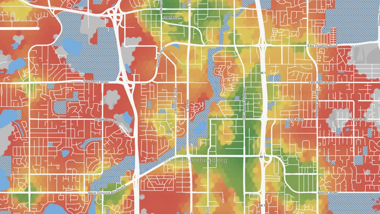 Walk Grade map of Taku-Campbell, Anchorage, AK, walkable areas in green and car-dependent areas in red