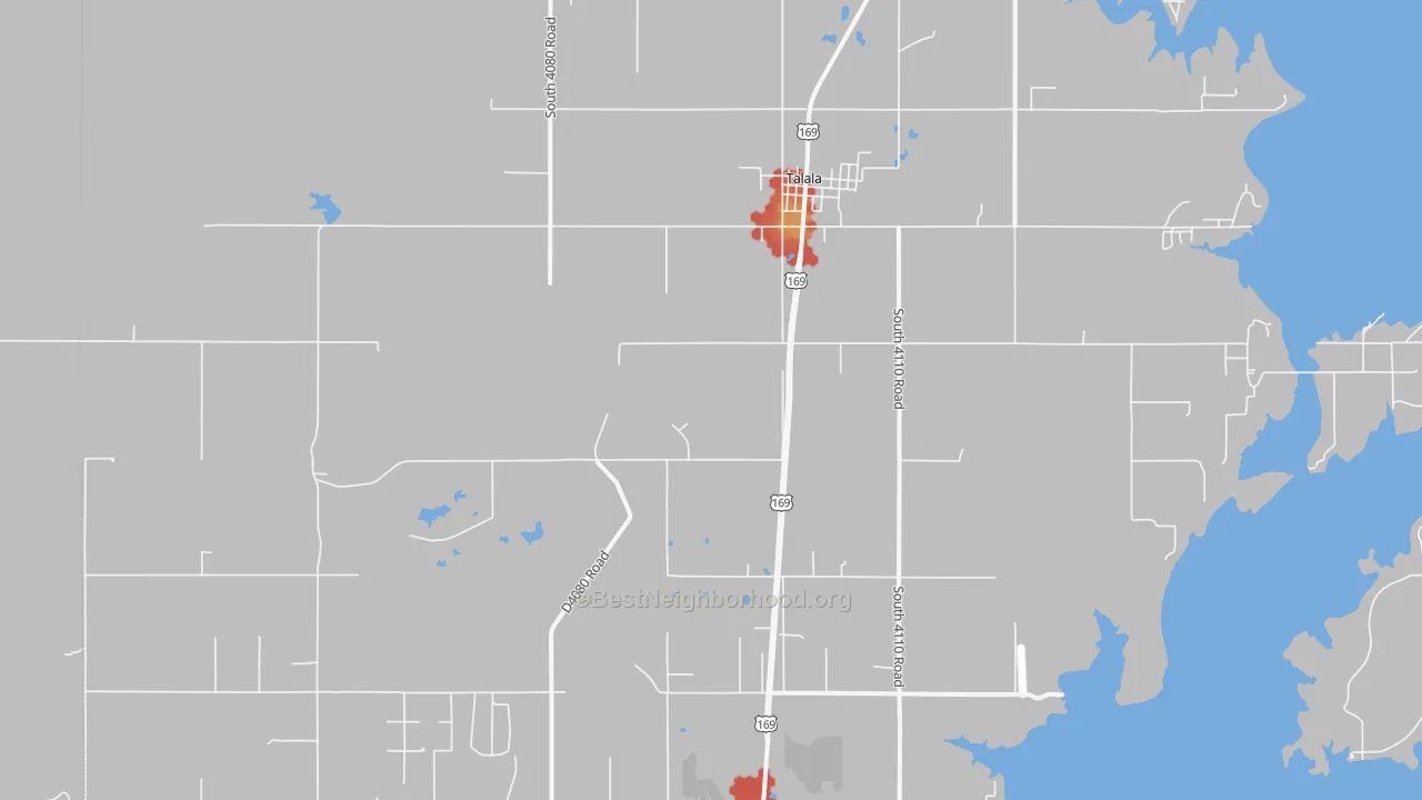Walk Grade map of Talala, OK, walkable areas in green and car-dependent areas in red