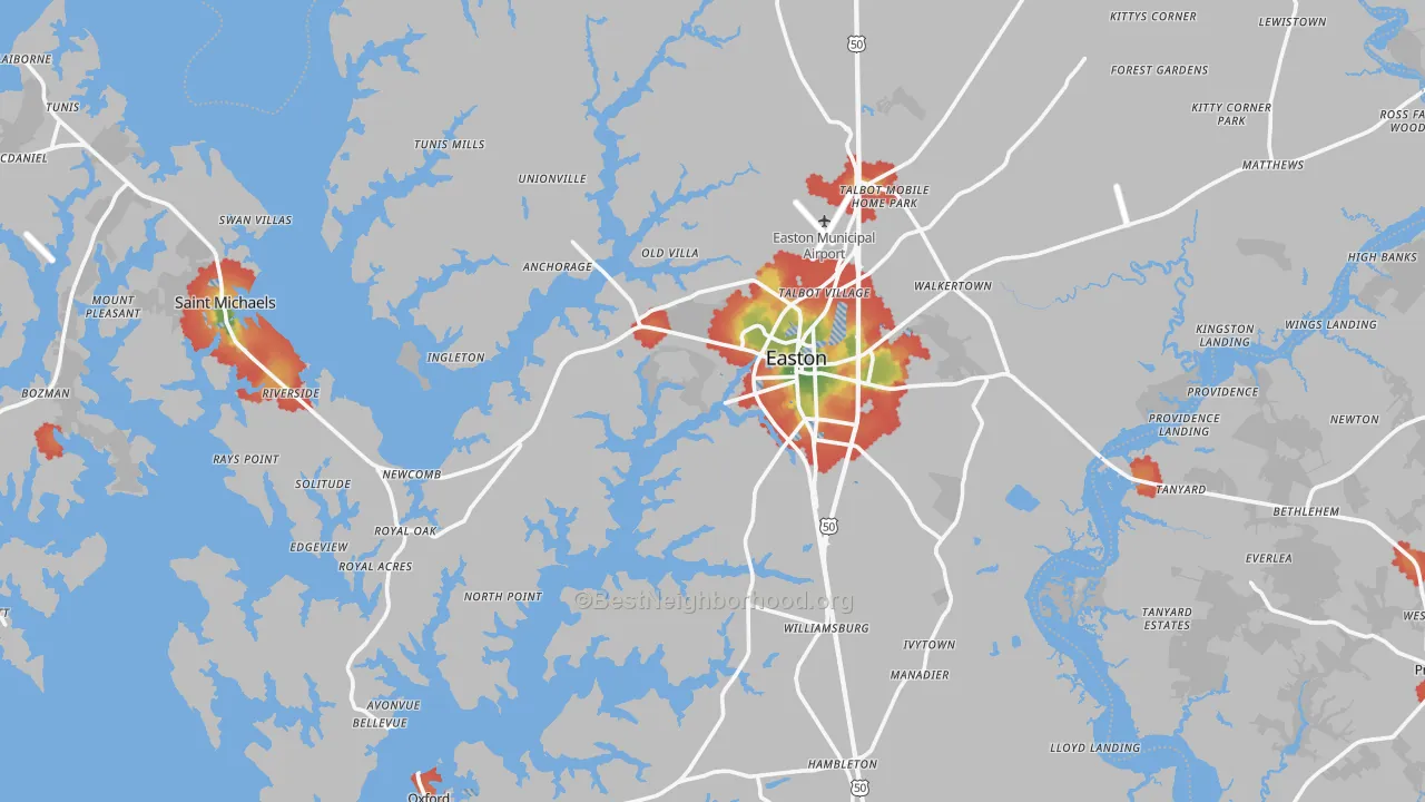 Walk Grade map of Talbot County, MD, walkable areas in green and car-dependent areas in red
