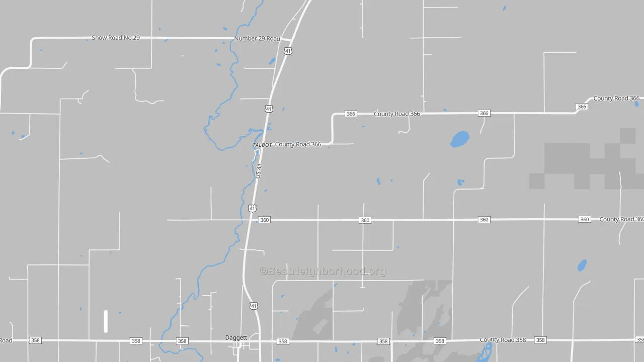 Walk Grade map of Talbot, MI, walkable areas in green and car-dependent areas in red