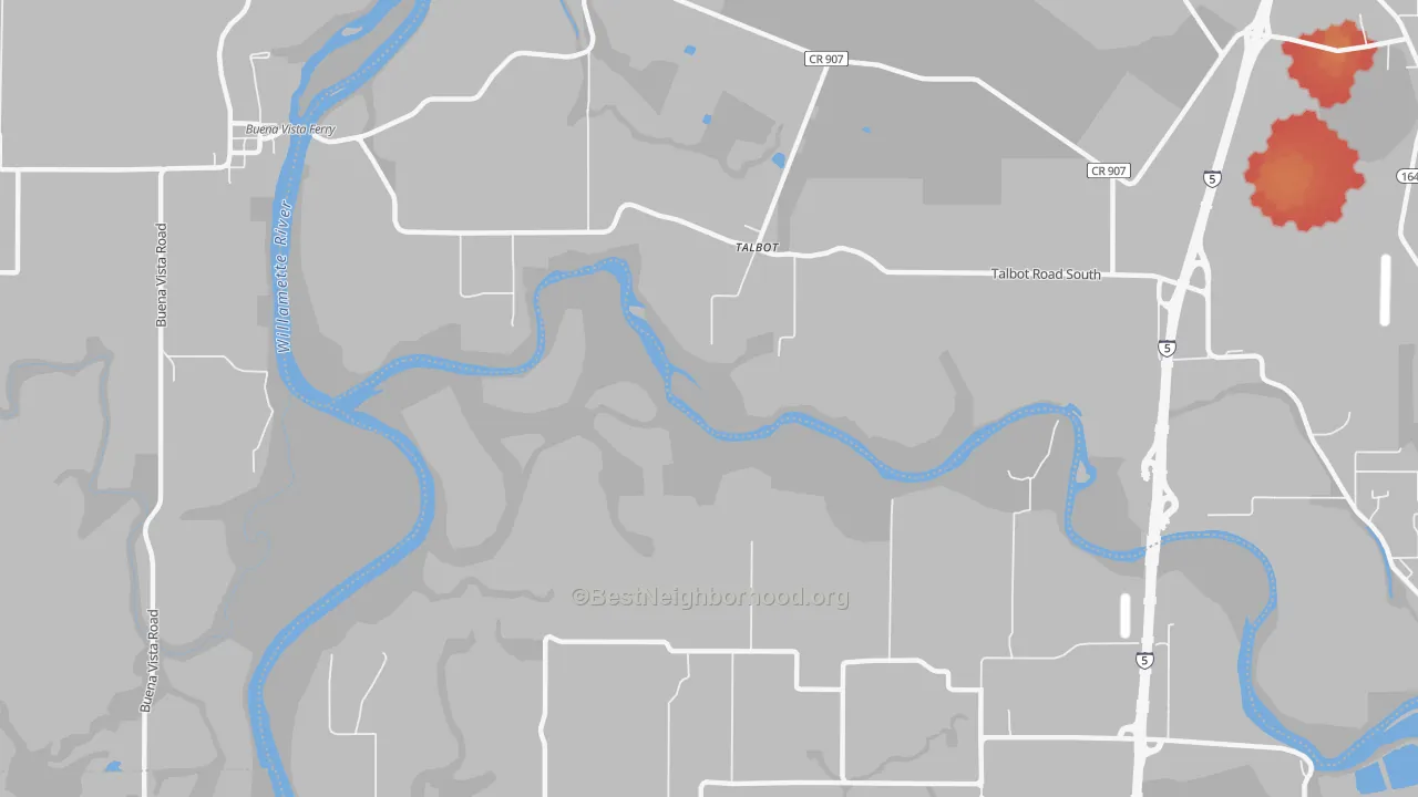 Walk Grade map of Talbot, OR, walkable areas in green and car-dependent areas in red