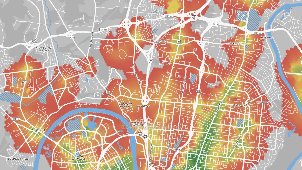 Walk Grade map of Talbot's Corner, Nashville, TN, walkable areas in green and car-dependent areas in red