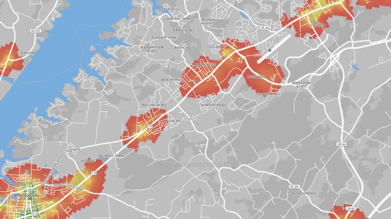 Walk Grade map of Talbott, TN, walkable areas in green and car-dependent areas in red