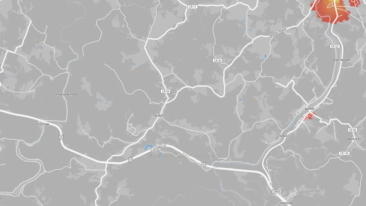 Walk Grade map of Talbott, WV, walkable areas in green and car-dependent areas in red