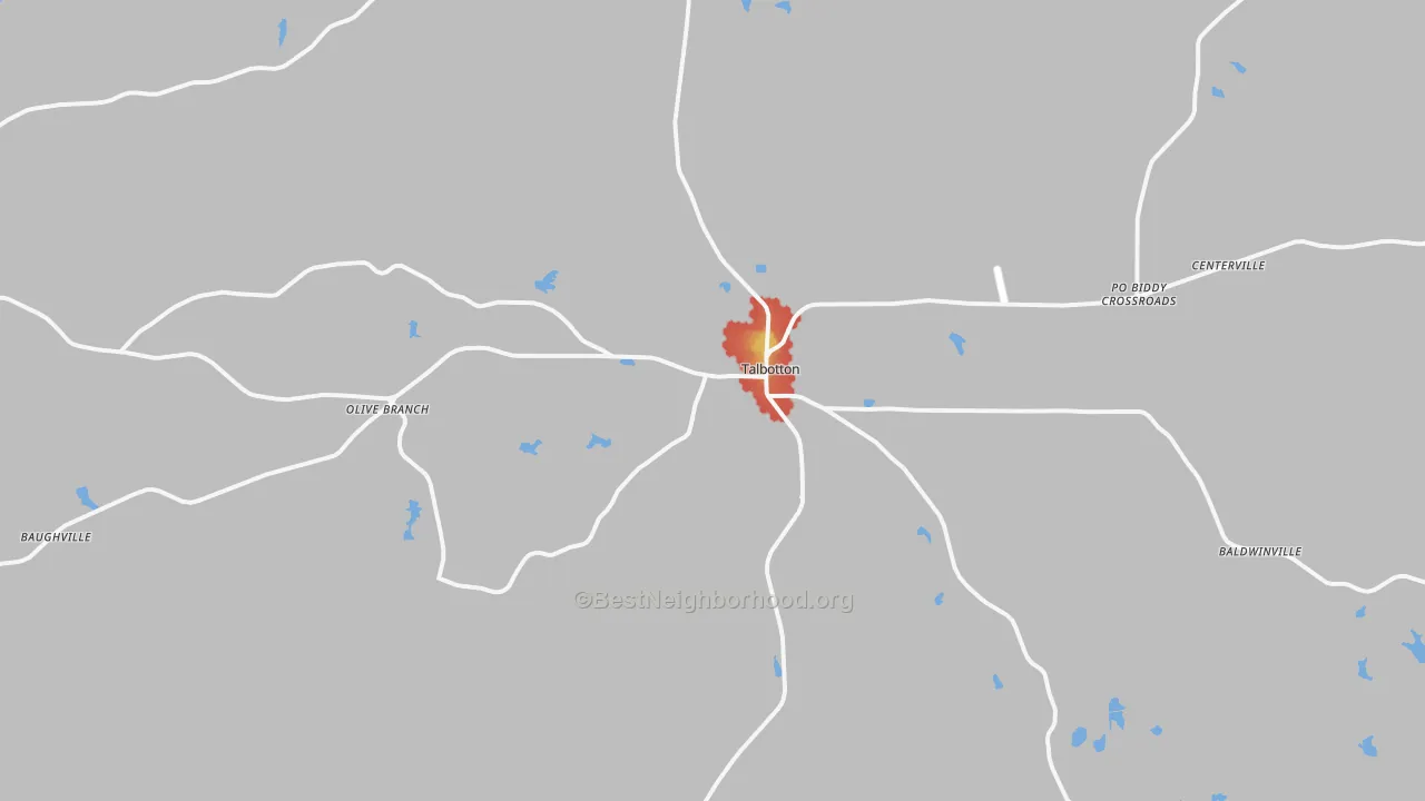 Walk Grade map of Talbotton, GA, walkable areas in green and car-dependent areas in red