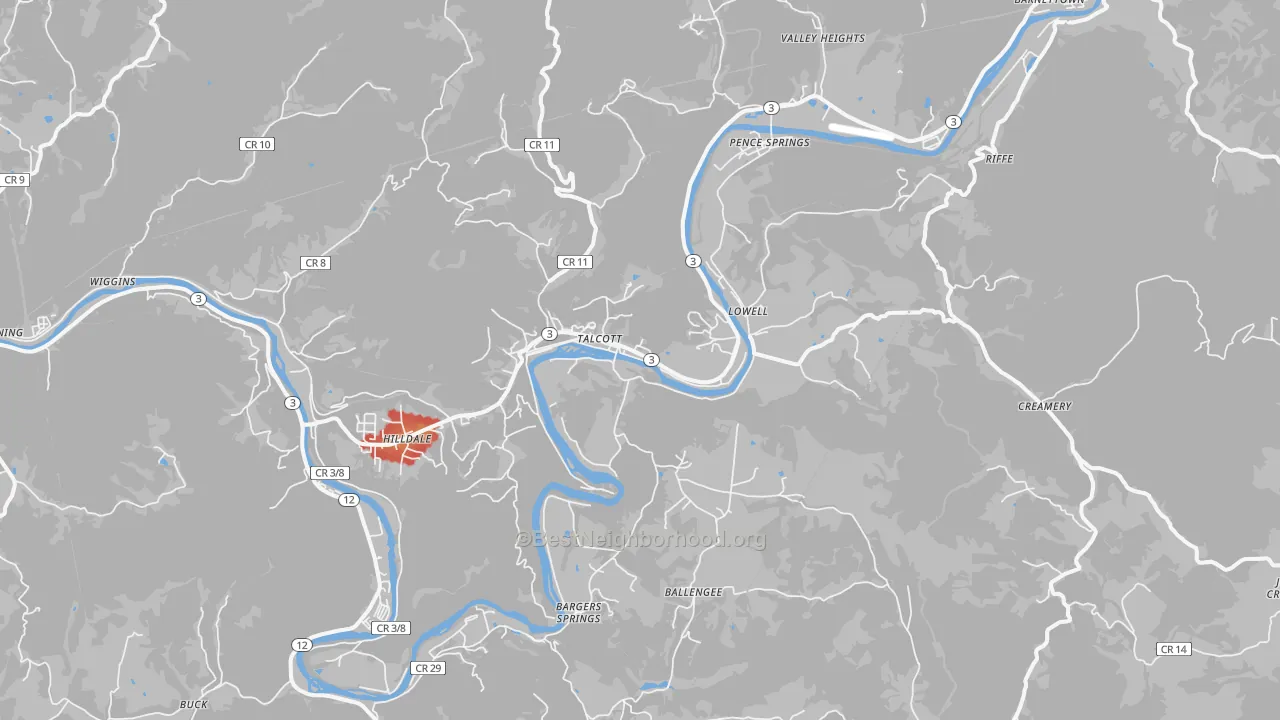 Walk Grade map of Talcott, WV, walkable areas in green and car-dependent areas in red