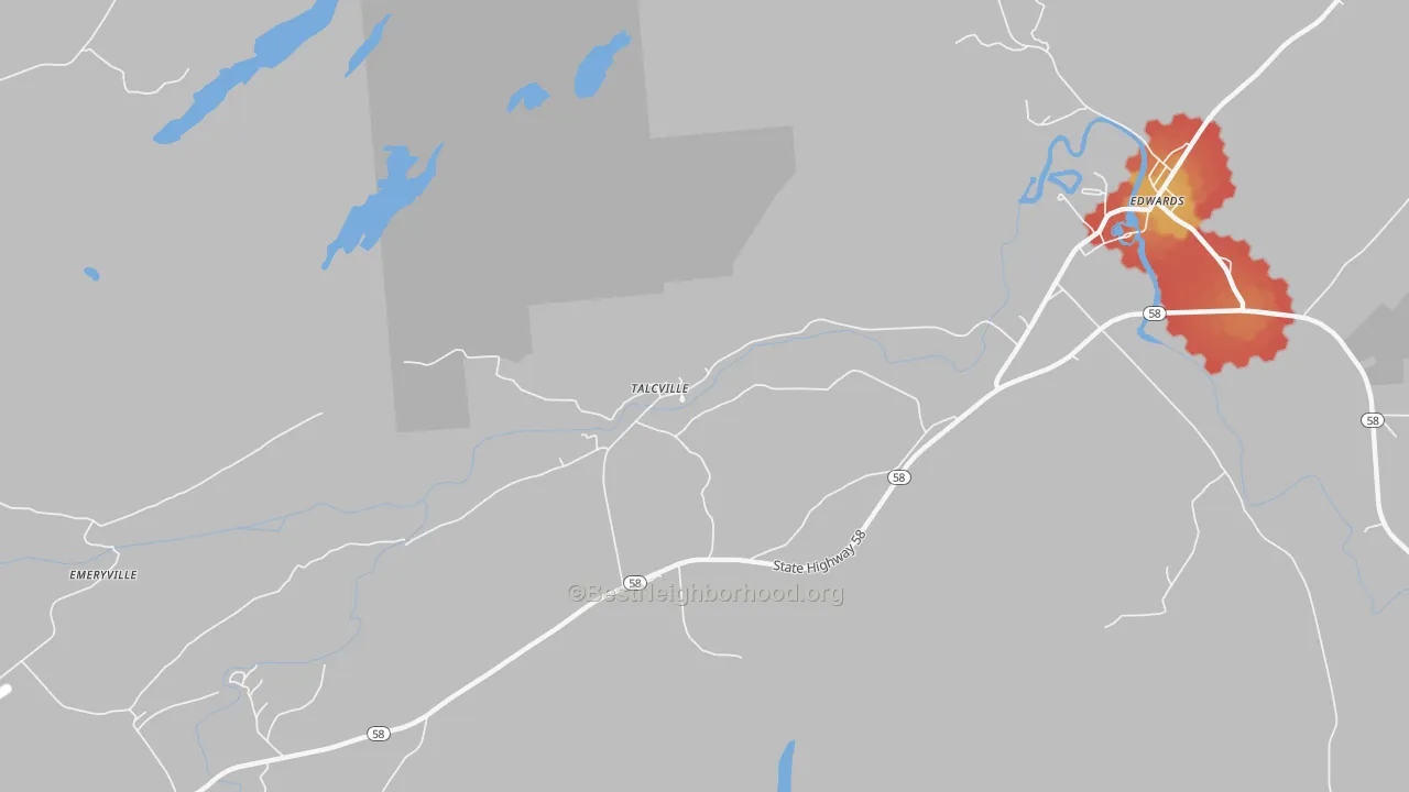 Walk Grade map of Talcville, NY, walkable areas in green and car-dependent areas in red