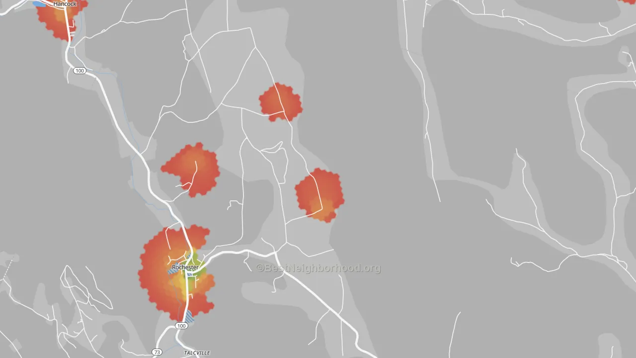 Walk Grade map of Talcville, VT, walkable areas in green and car-dependent areas in red