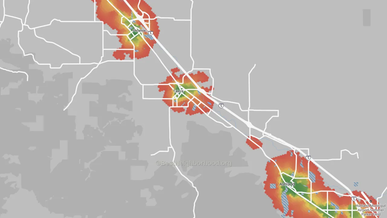 Walk Grade map of Talent, OR, walkable areas in green and car-dependent areas in red