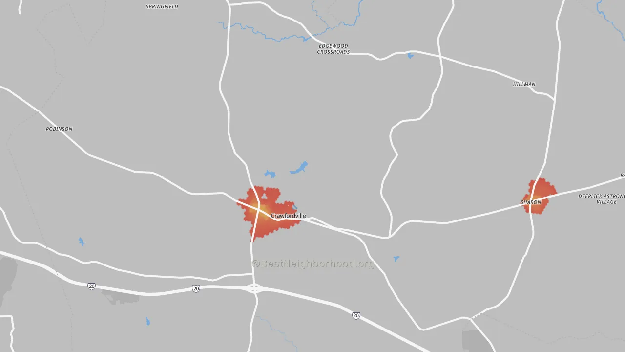 Walk Grade map of Taliaferro County, GA, walkable areas in green and car-dependent areas in red