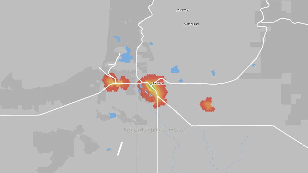Walk Grade map of Talihina, OK, walkable areas in green and car-dependent areas in red