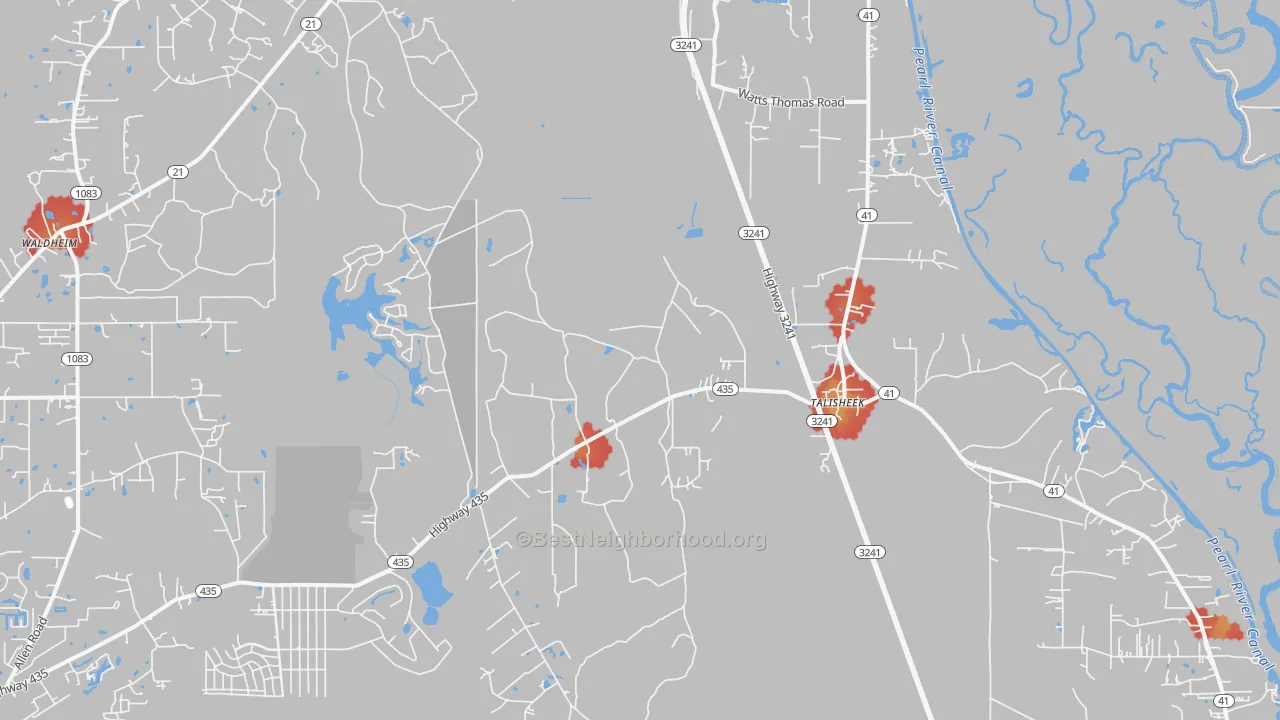 Walk Grade map of Talisheek, LA, walkable areas in green and car-dependent areas in red