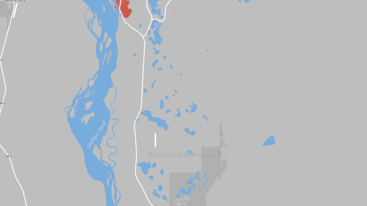 Walk Grade map of Talkeetna, AK, walkable areas in green and car-dependent areas in red