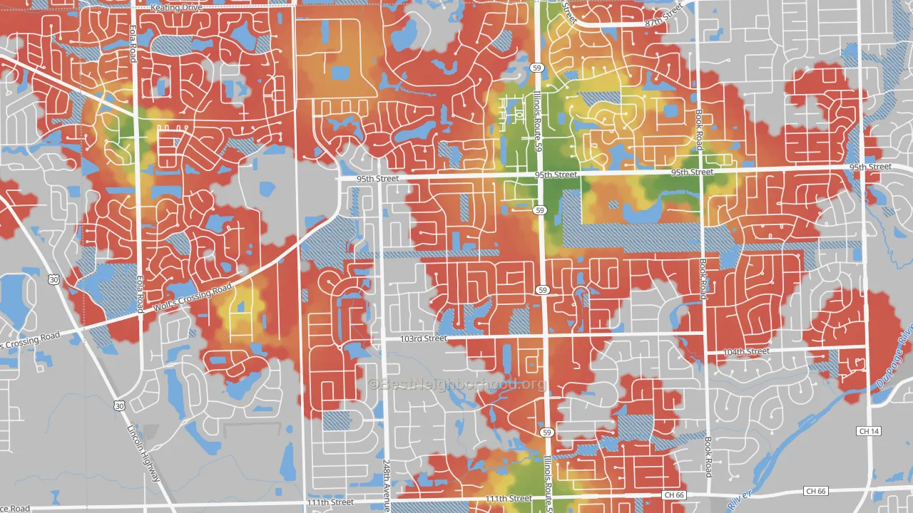 Walk Grade map of Tall Grass, Naperville, IL, walkable areas in green and car-dependent areas in red