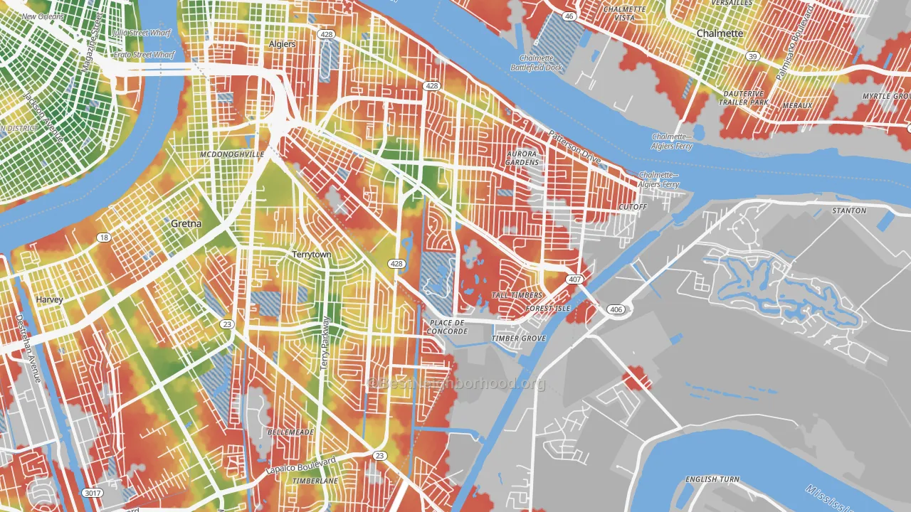 Walk Grade map of Tall Timbers, New Orleans, LA, walkable areas in green and car-dependent areas in red