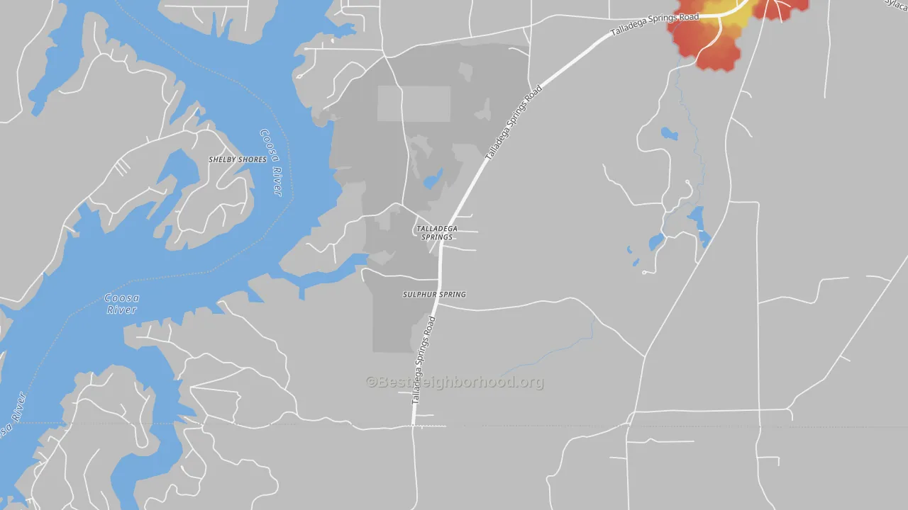 Walk Grade map of Talladega Springs, AL, walkable areas in green and car-dependent areas in red