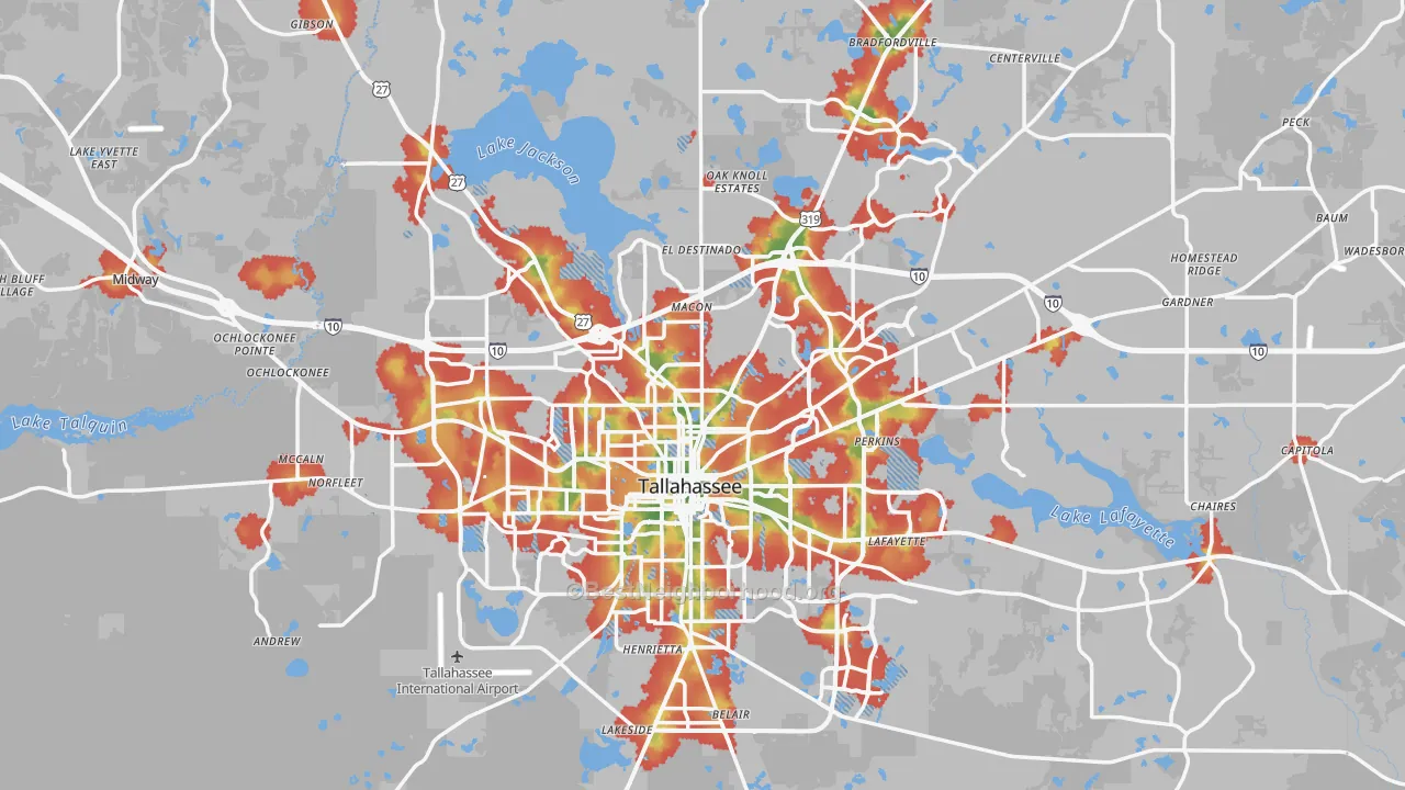 Walk Grade map of Tallahassee, FL, walkable areas in green and car-dependent areas in red