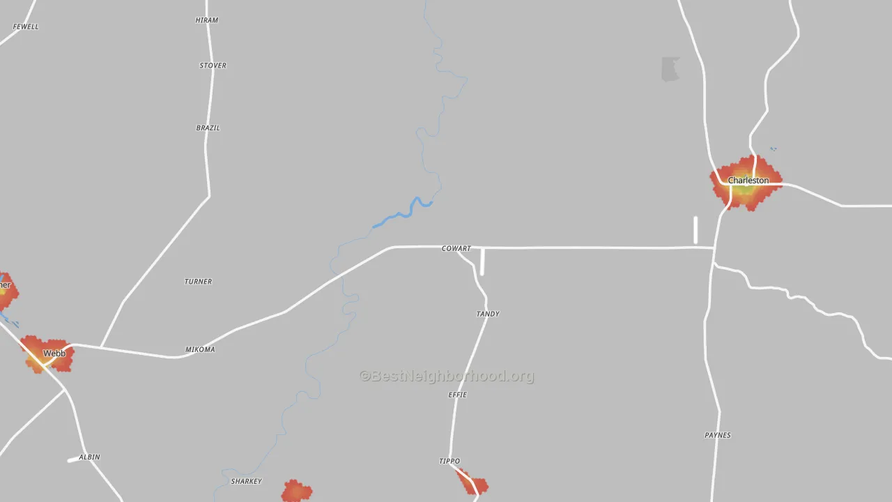Walk Grade map of Tallahatchie County, MS, walkable areas in green and car-dependent areas in red