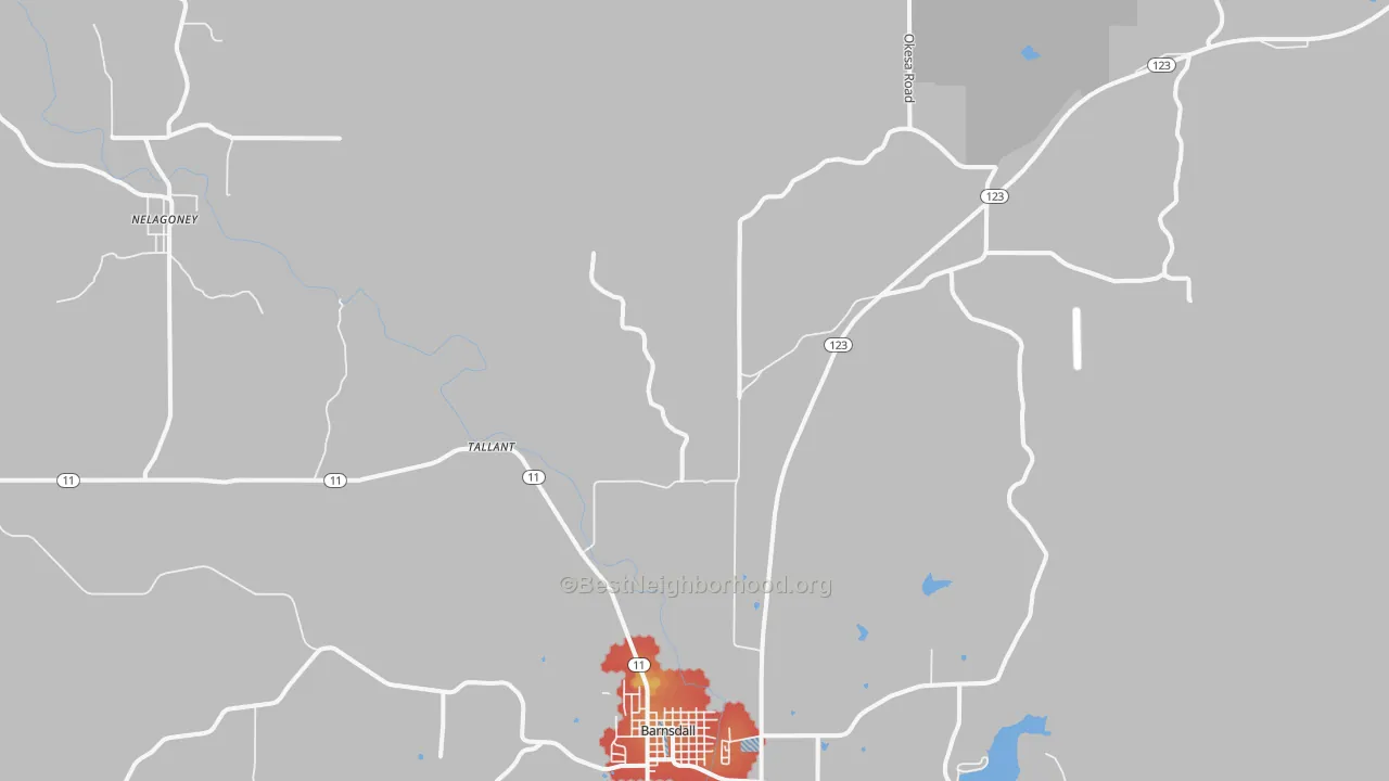 Walk Grade map of Tallant, OK, walkable areas in green and car-dependent areas in red