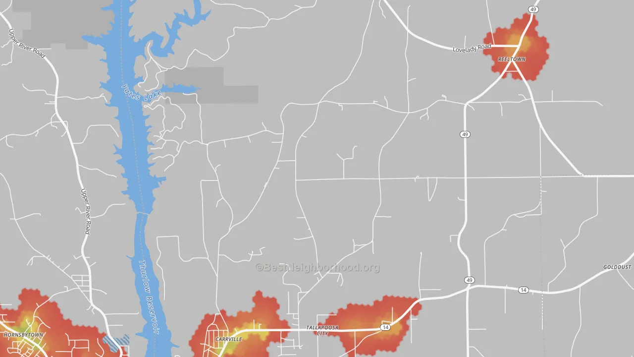 Walk Grade map of Tallapoosa City, AL, walkable areas in green and car-dependent areas in red