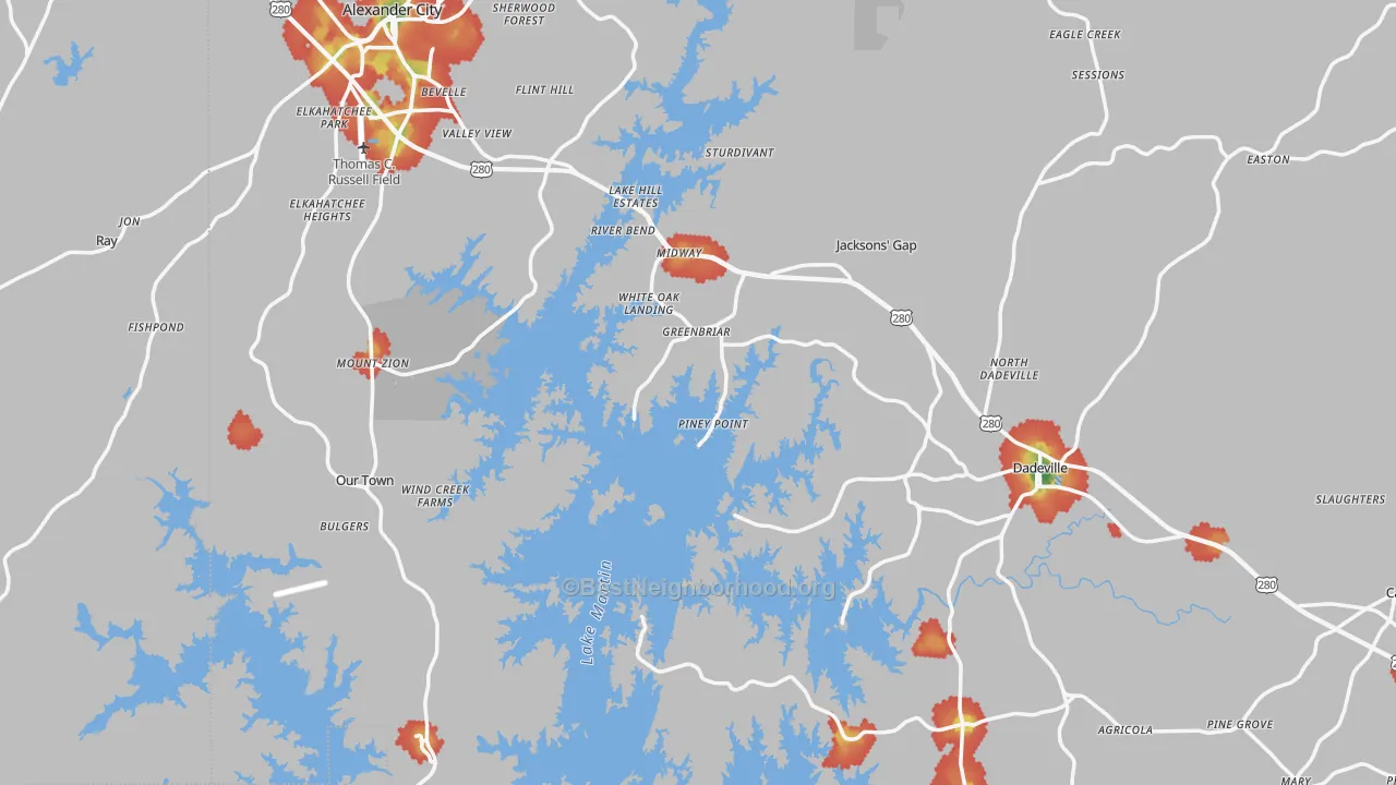 Walk Grade map of Tallapoosa County, AL, walkable areas in green and car-dependent areas in red