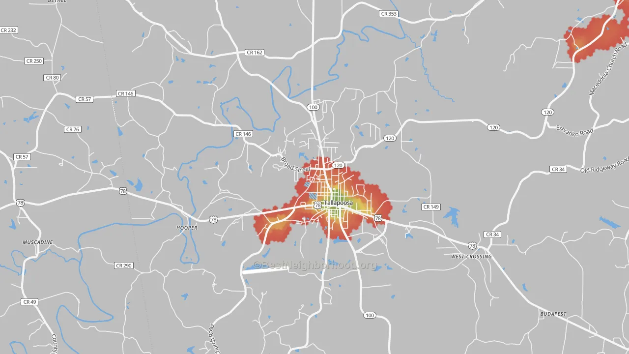 Walk Grade map of Tallapoosa, GA, walkable areas in green and car-dependent areas in red