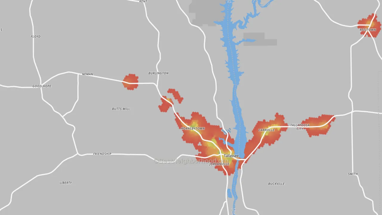 Walk Grade map of Tallassee, AL, walkable areas in green and car-dependent areas in red