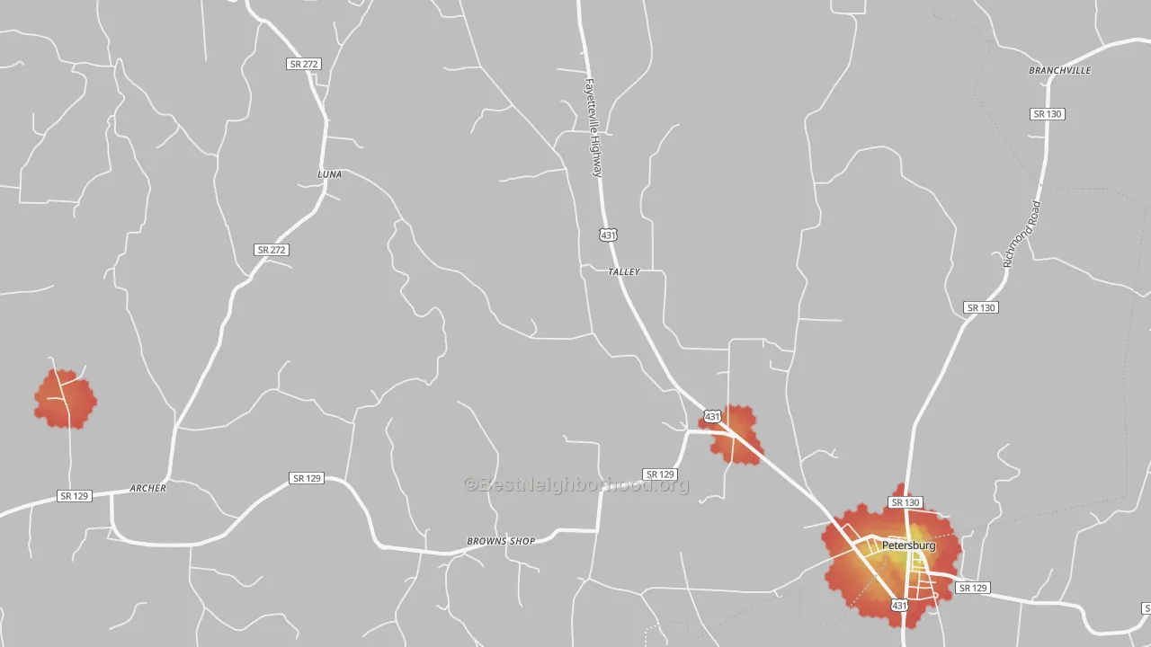 Walk Grade map of Talley, TN, walkable areas in green and car-dependent areas in red