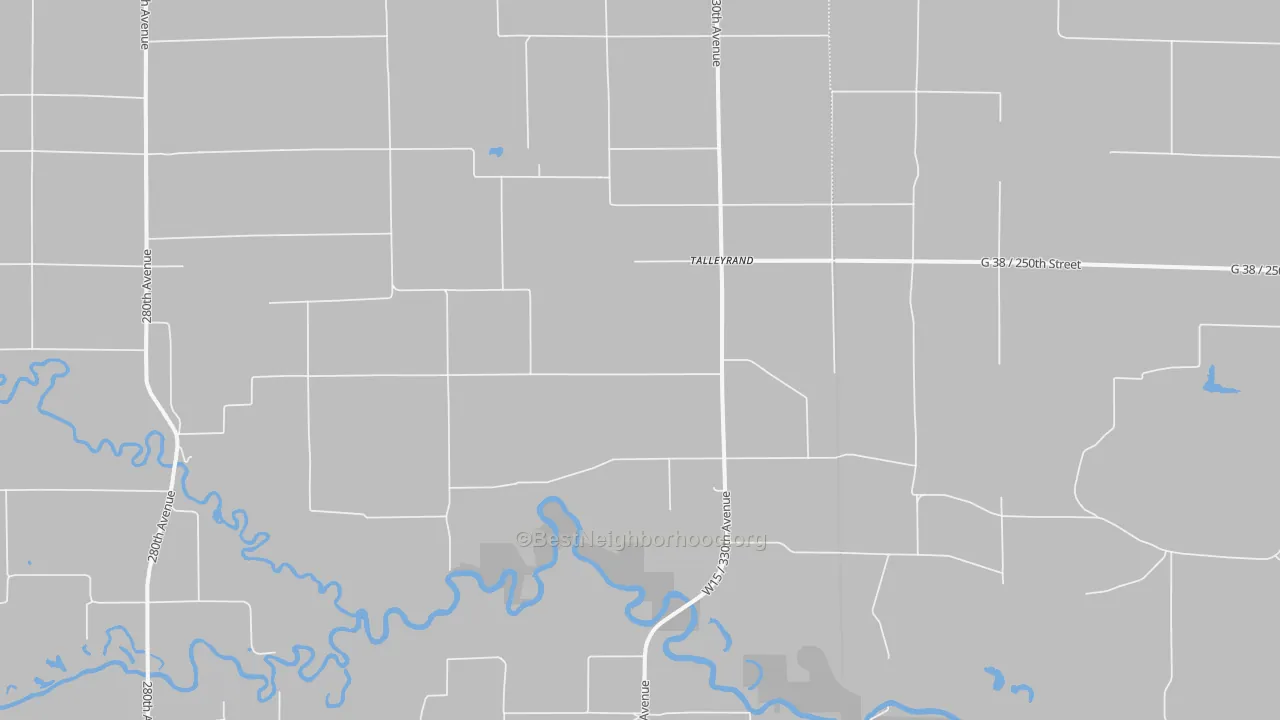 Walk Grade map of Talleyrand, IA, walkable areas in green and car-dependent areas in red