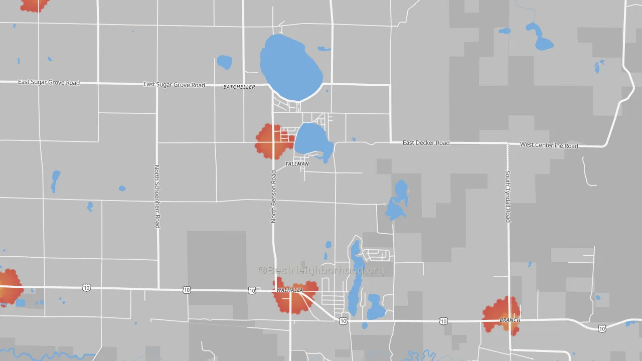 Walk Grade map of Tallman, MI, walkable areas in green and car-dependent areas in red
