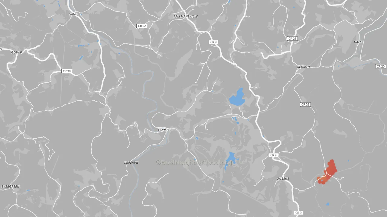 Walk Grade map of Tallmansville, WV, walkable areas in green and car-dependent areas in red