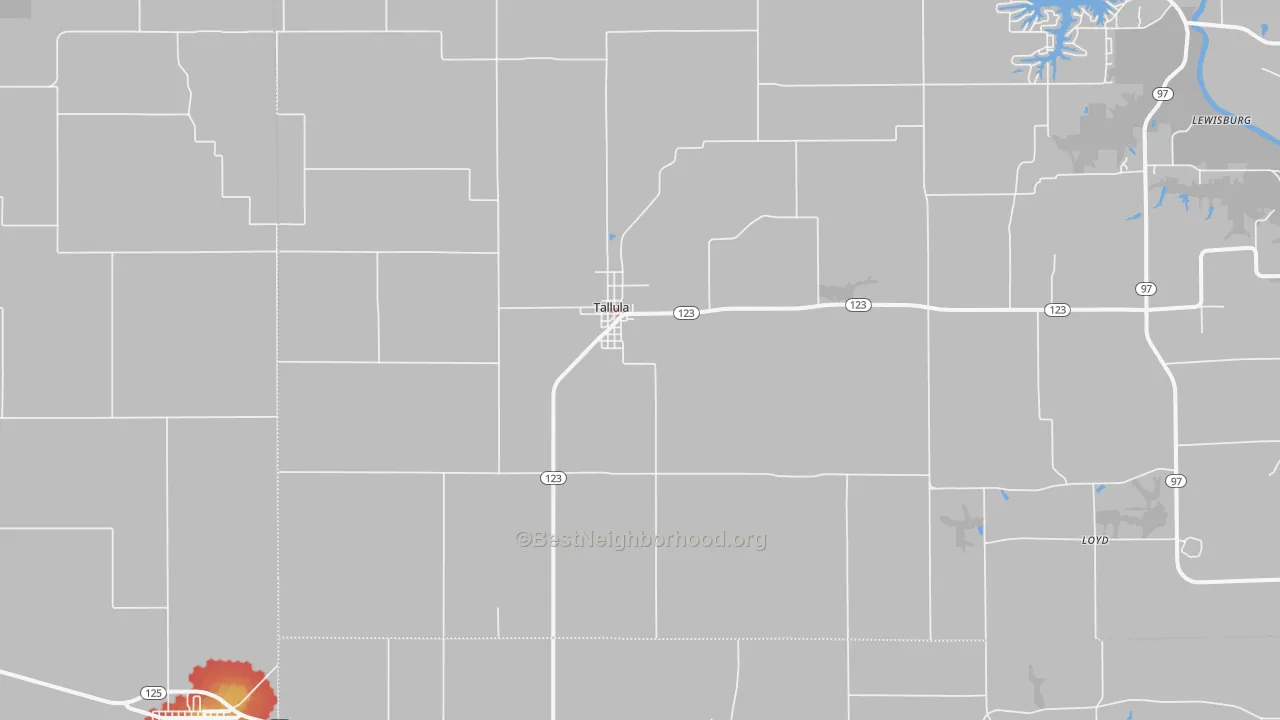 Walk Grade map of Tallula, IL, walkable areas in green and car-dependent areas in red