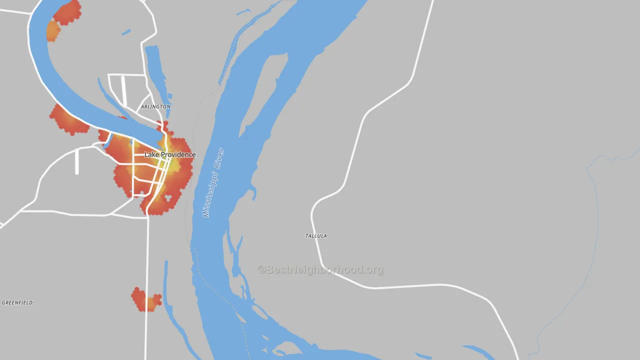 Walk Grade map of Tallula, MS, walkable areas in green and car-dependent areas in red