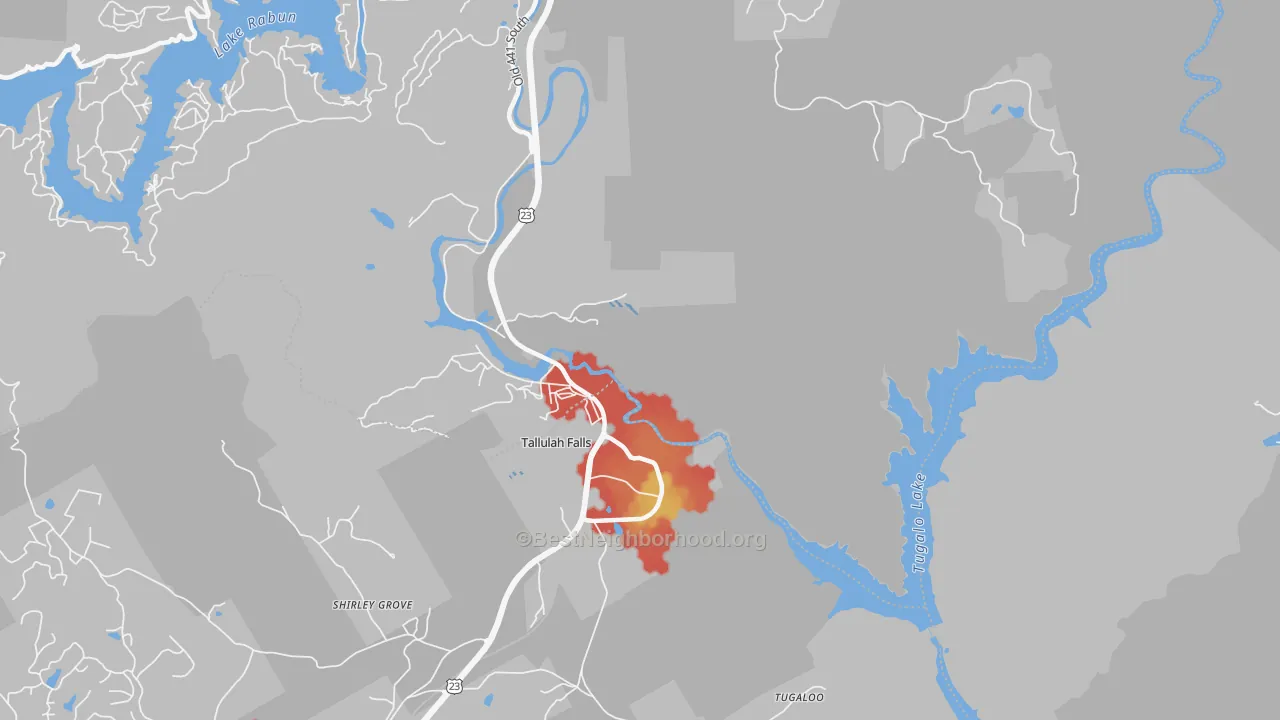 Walk Grade map of Tallulah Falls, GA, walkable areas in green and car-dependent areas in red